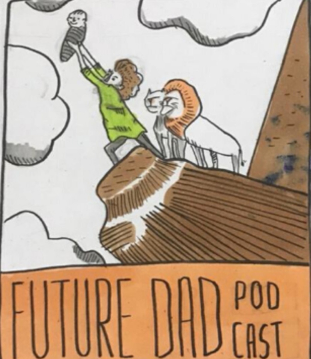 Hand-drawn cover: a dad on a cliff lifts his baby to the sky, a lion beside him.